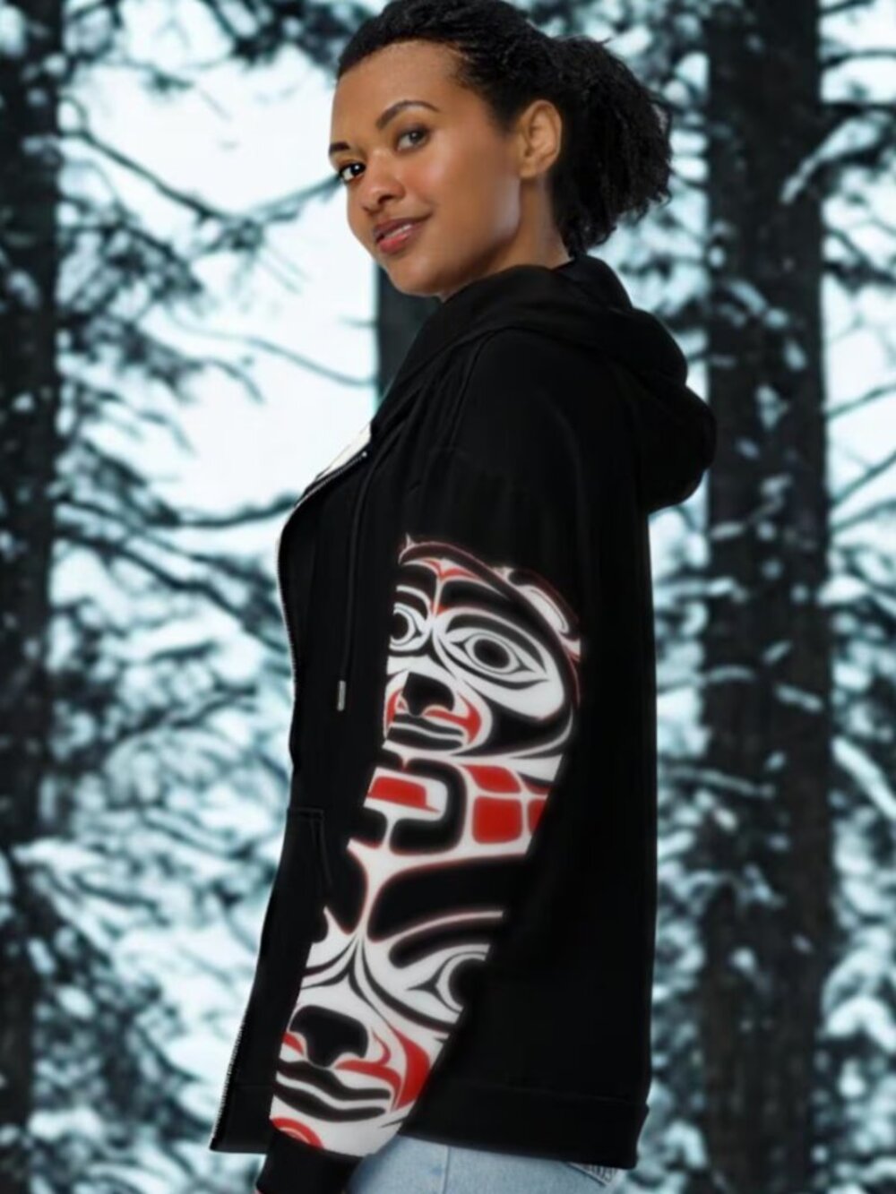 Zippered black Hoodie with Haida Tlingit design. Size L - Picture 4 of 14